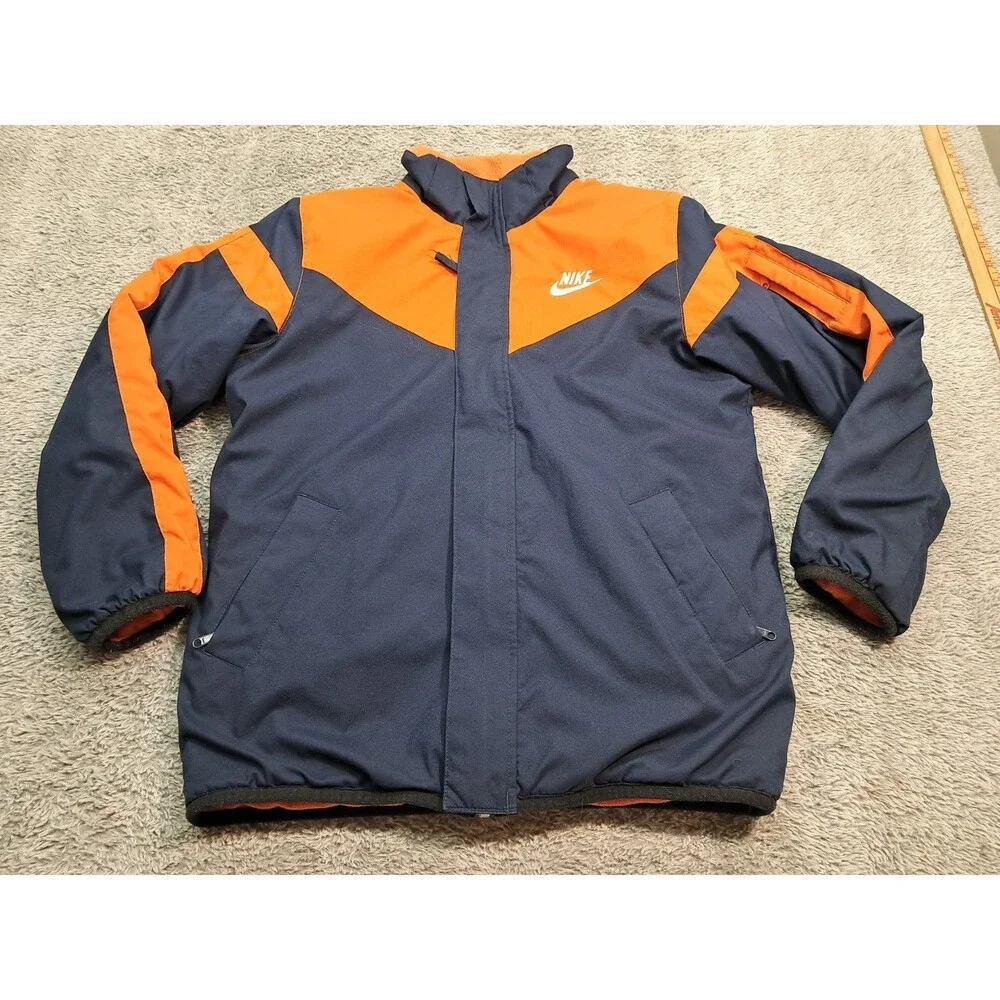 VTG Nike Puffer Jacket Boys Medium 10-12 Youth Fleece Reversible 90s Y2K Illini
